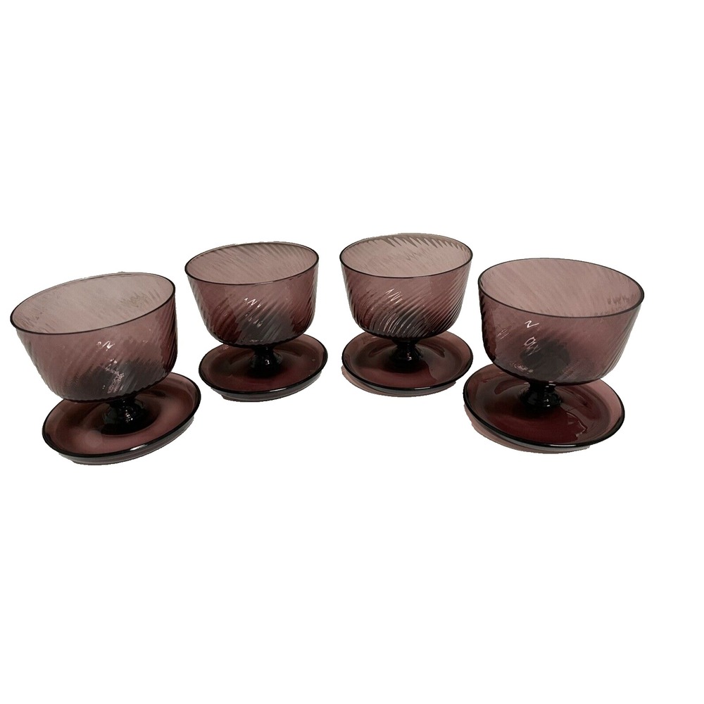 4 Vtg MCM Purple Amethyst Swirl Glass Stemmed Dessert Cups w/Attached Underplate